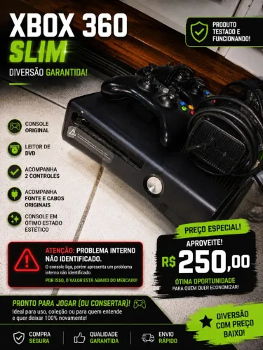 XBOX 360 COM DEFEITO,2 CONTROLES,FONTE E CABOS.