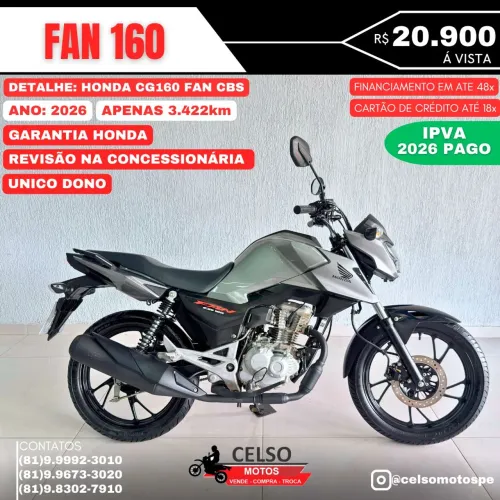 Fan 160 2026 c/3.400km Garantia Honda Financio48x aceito sua moto