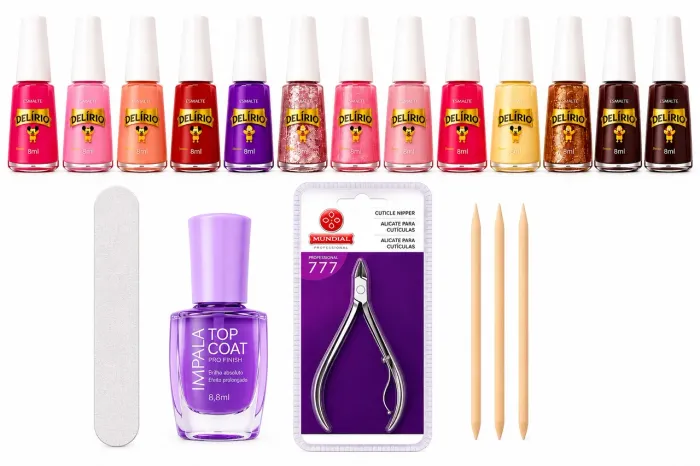 Kit Completo para Unhas ? 12 Esmaltes + Top Coat + Alicate 777