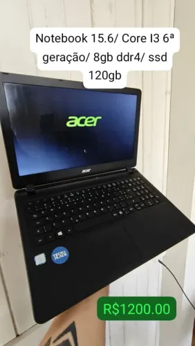 Notebook 15.6"/ Core I3 6ª geração/ 8gb ddr4/ ssd 120gb.
