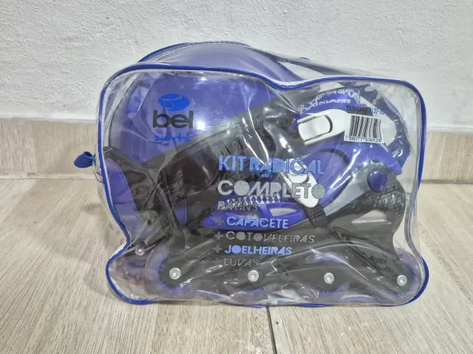 KIT PATINS COM CAPACETE, JOELHEIRA, COTOVELEIRA E LUVA - N°. 32 - 35 (NOVO)