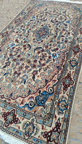 Tapete Persa Nain Legítimo Marfim e Azul - 2,10 x 1,20m (Feito à Mão)