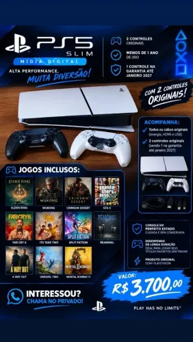 PS5 SLIM MÍDIA DIGITAL, 2 CONTROLES<br>