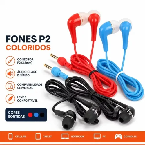 Fone de ouvido com fio P2 colorido apenas R$: 5
