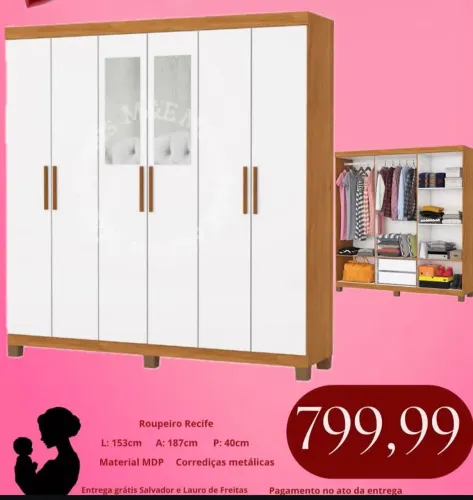 Guarda roupa 6 portas com espelho e entrega gratuita