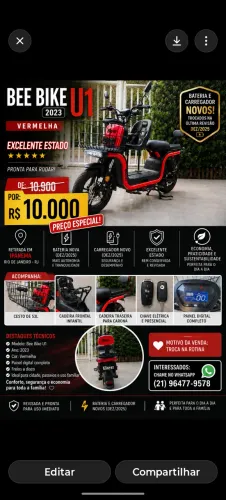 Bee Bike U1 2023 Vermelha | Bateria e Carregador Novos | Excelente Estado
