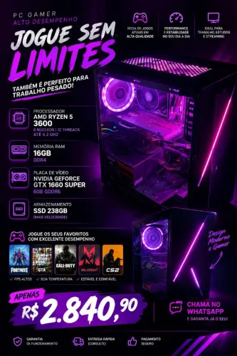 PC Gamer Ryzen 5 3600 + GTX 1660 SUPER 6GB 16GB RAM