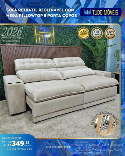 SOFÁ RETRÁTIL E RECLINÁVEL COM PILLOWTOP E PORTA COPOS.