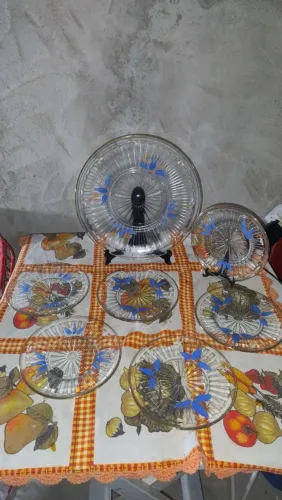 Prato para bolo com 6 pratinhos RETRÔ EM vidro