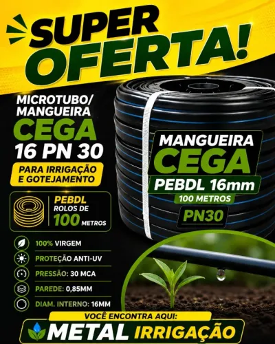 Tubo Cego / Microtubo ou Mangueira p/ Irrigação / Gotejamento 16mm - PN30 - (Rolo 100Mts)