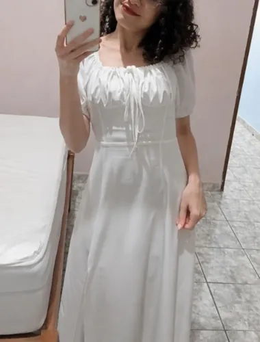 Vestido midi branco estilo europeu/cottagecore