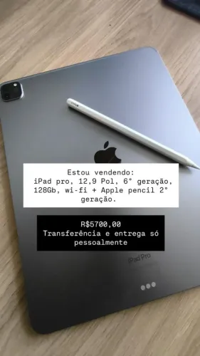 Ipad Pro, 12,9 pol, 6° geração, 128Gb, wi-fi + apple pencil 2° geração