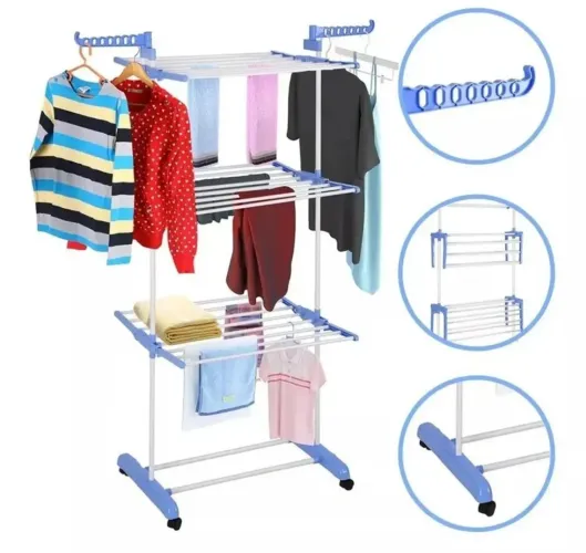 Varal De Chão Grande De Roupas 3 Andares Dobrável Cor Azul Kontuz 170 cm