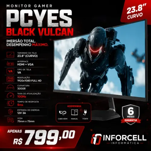 Monitor Gamer Pcyes 24 Curvo Full HD 100Hz 5Ms Hdmi/Vga Black Vulcan