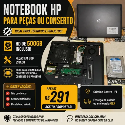 Notebook HP para peças ou conserto - Tela queimada e sem RAM/HD, e um HD incluído