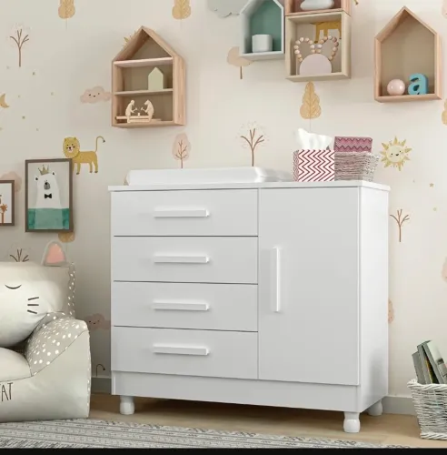 CÔMODA SAPATEIRA 4 GAVETAS SONHO BELA + COLCHÃO PARA TROCADOR NA CAIXA
