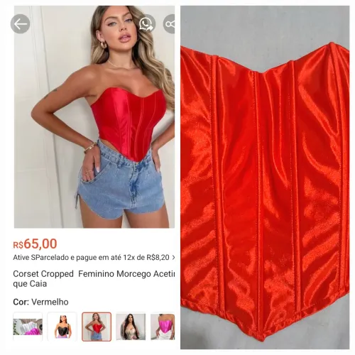 Corset cropped acetinado, com barbatanas, tomara que caia. Tamanho M
