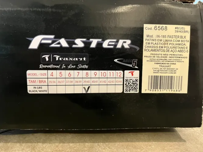 Patins Traxart Faster Inline Preto Tam. 39/40 - NOVO, Nunca Usado