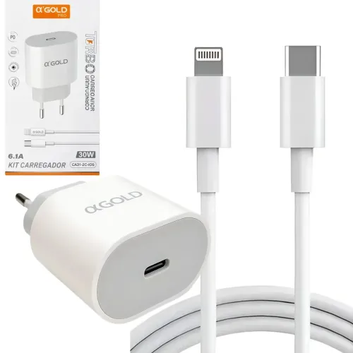 Kit Carregador Turbo 30W com Porta Tipo-C e Cabo para iPhone, Branco - Alfa Gold