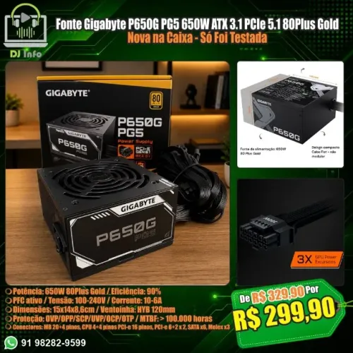 Fonte Gigabyte P650G PG5 650W ATX 3.1 PCIe 5.1 80Plus Gold