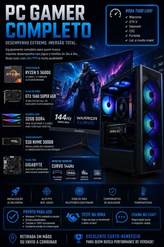 ? PC Gamer Completo Ryzen 5 5600G + GTX 1660 Super + 32GB + Monitor 144Hz