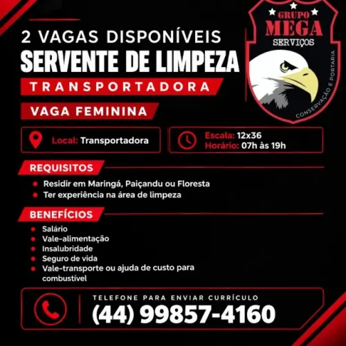 SERVENTE DE LIMPEZA ESCALA 12X36 DAS 07:00 ÁS 19:00 HRS - LOCALIZADO NA ENTRADA DE PAIÇAND