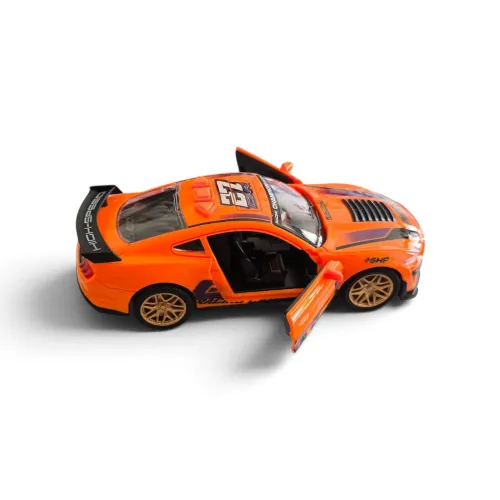 Mini Carro Ford Mustang Shelby GT-500 Laranja Metálico Anda Abre as Portas Buzina Promoção