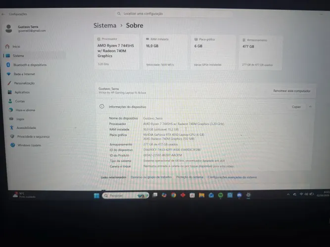 Notebook HP Victus 15 RTX4060 6GB AMD Ryzen 7445HS
