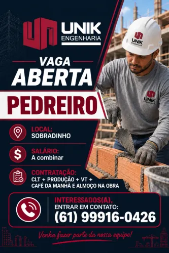 Vaga de Pedreiro, Bombeiro, Encanador e Ajudante de obra.