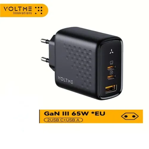 Carregador Rápido 65W Pd 3.0/QC 3.0 - GaN 3 - VoltMe - 2 USB C + 1 USB A - LACRADO
