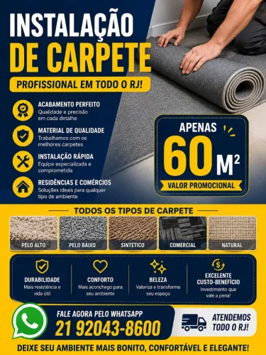 Instalaçao de carpete profissional apenas 60m² 