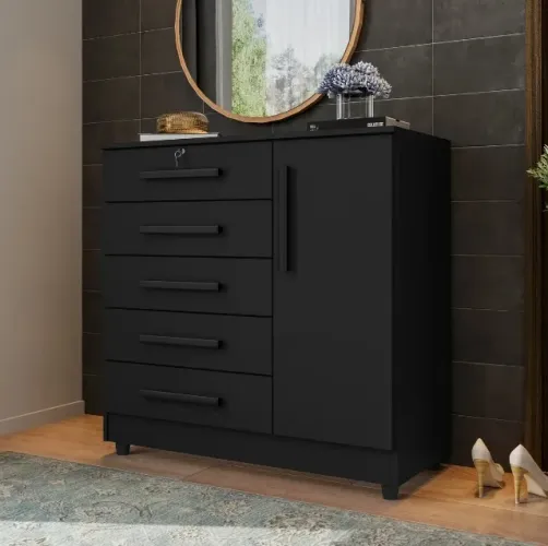 Cômoda Sapateira - 5 Gavetas + 1 Porta - 99cm Larg X 100cm Alt - All Black