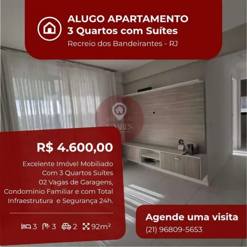 Apartamento para alugar, no Sofisticato Residence, Recreio dos Bandeirantes, com 3 quartos