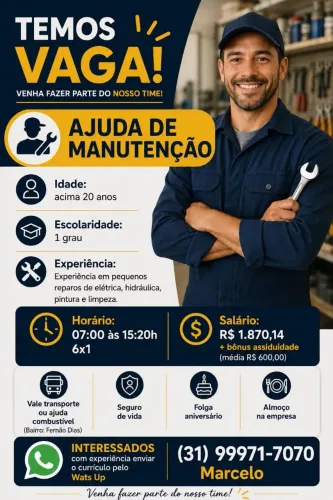 Ajudante de manutenção para trabalhar em hotel fazenda em igarape-MG