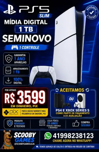 PS5 SLIM MÍDIA DIGITAL 1 TB SEMINOVO, 1 CONTROLE, GARANTIA 1 ANO, LOJA