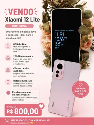 Celular Xiaomi 12 lite 8g de ram e 256g de memória rosa