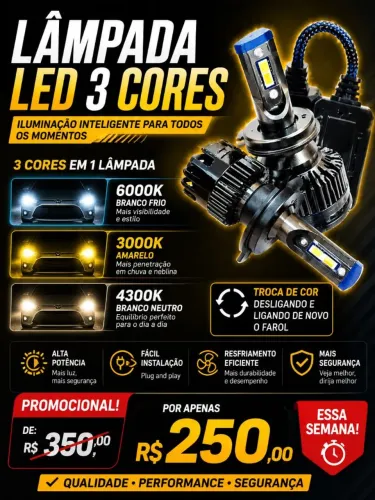 Lâmpada led Tricolor H4 e HB4 - 20000 lumens