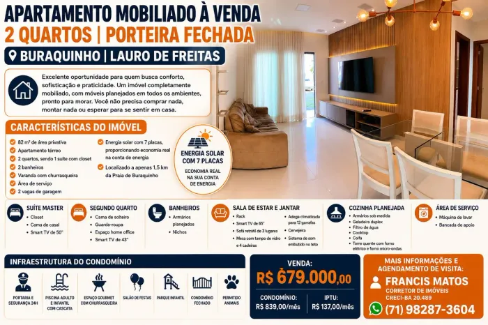 APARTAMENTO MOBILIADO A VENDA 2 QUARTOS PORTEIRA FECHADA BURRAQUINHO