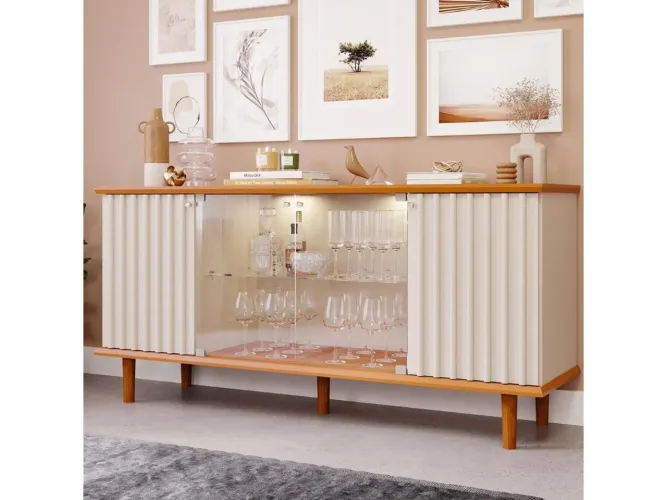 Aparador Buffet Ripado 4 Porta com LED Vidro e Pés de Madeira 100 % MDF Janice Cimol