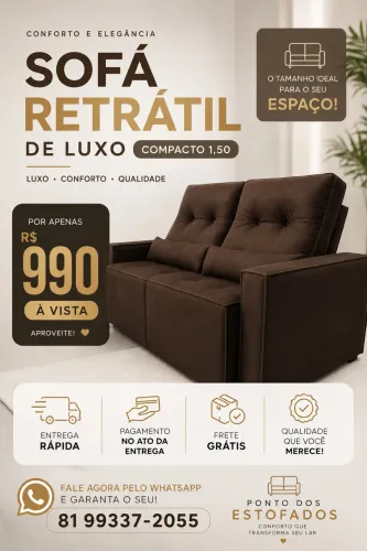 Sofá retrátil de luxo Paris 1,50 (FRETE GRÁTIS)