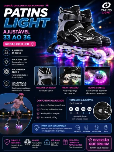 Patins Light Ajustavel 33 ao 36 Rodas LED ABEC 7