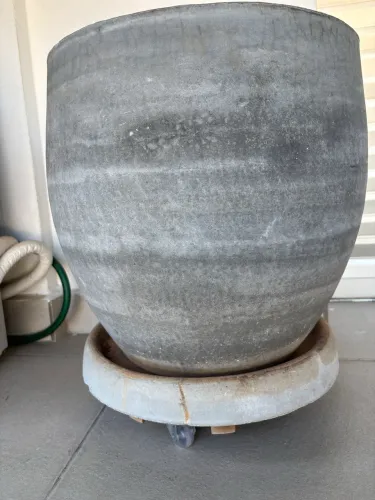 Vaso de cimento para plantas com suporte de madeira