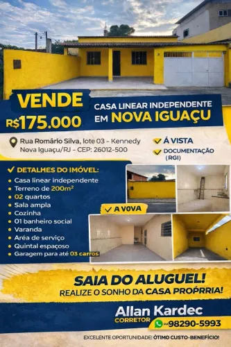 Vendo casa linear, independente, 200m², 02 quartos. Bairro: Kenedy, nova Iguaçu