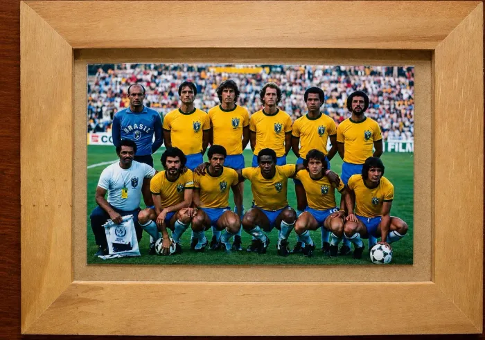 Quadro Seleção Brasileira de 1982 - Foto Clássica Vintage em Moldura de Madeira