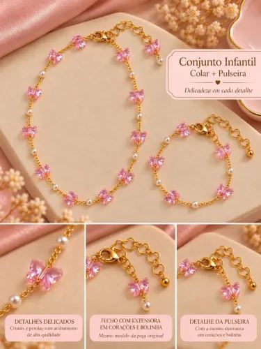 Kit pulseira + colar infantil banhado a ouro 18k