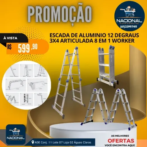 ESCADA DE ALUMÍNIO 12 DEGRAUS 3X4 ARTICULADA 8 EM 1 WORKER