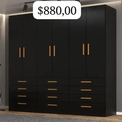 GUARDA ROUPA NEW MÔNACO 1.83 C/ 6 PORTAS E 12 GAVETAS C/ PUXADORES EM MADEIRA-EVIDÊNCIA