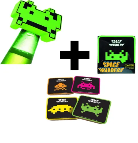 Conjunto Space Invaders Abridor de Garrafas + Descansos de Copo