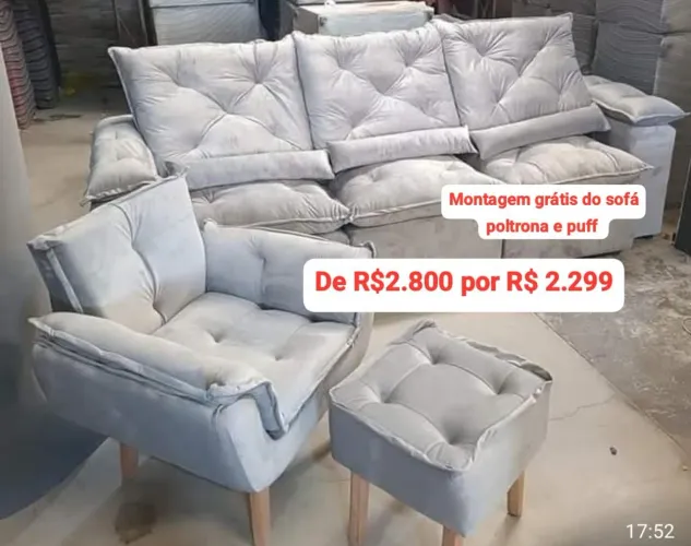 Sofá Retrátil e Reclinável 3 Módulos + Poltrona Isabela + Puff
