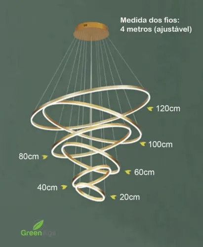 Lustre LED Design Moderno Espiral 6 Anéis Ajustável